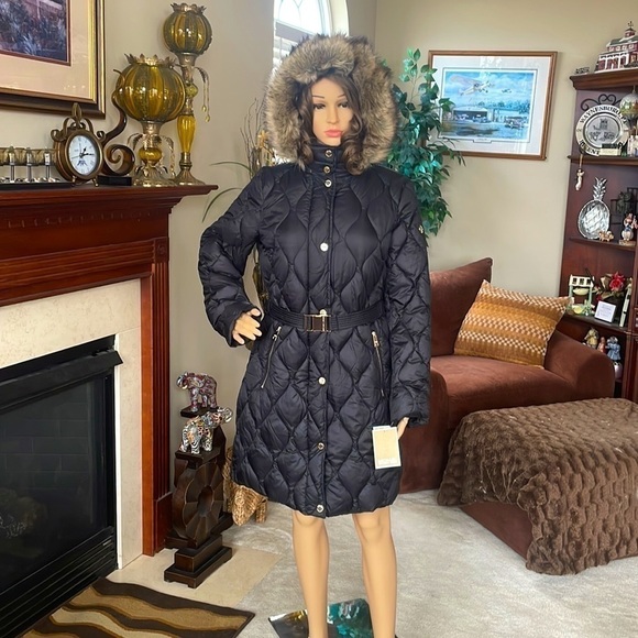 Brand New Michael Kors Black Down Alternative Zippered Faux Fur Hooded Belt Coat - Picture 16 of 16
